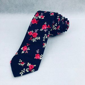 Floral Tie Dark Blue Background with Red and Pink Flowers 100% Cotton Hand Made